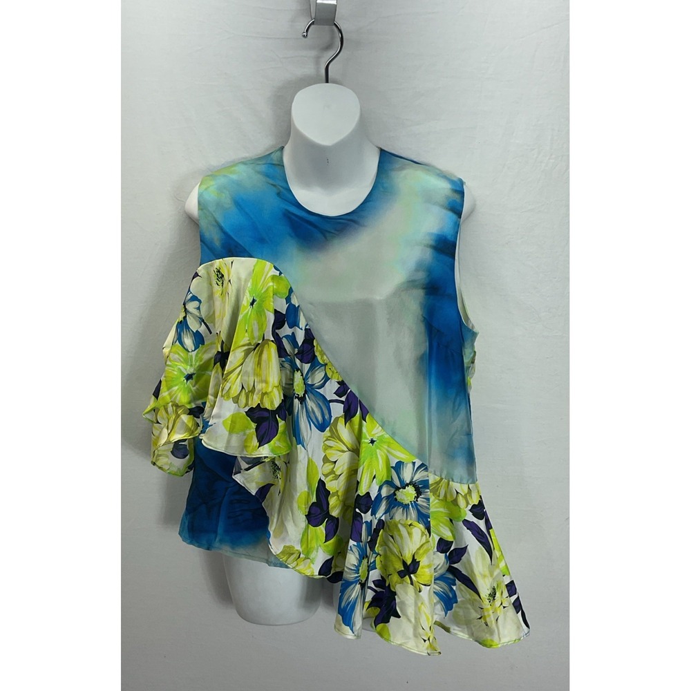 MSGM Colorful 100% silk blouse cold shoulder flounce Artsy 46 Italy fairy US LG